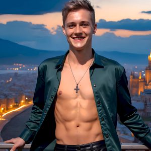 The Beautiful Young Men of the Golden City, is a collection of AI generated images of sexy, glamorous, handsome guys in the heavens. In this fantasy photograph of a young men in their late teens and 20's, overlooking a large golden city in the heavens. Generated to be as realistic as possible, in this this fantasy setting, with todays technology. Wearing jeans, an unbuttoned, vibrant, long-sleeve, button down shirt. The subject is enjoying a beautiful day outdoors. The mystical, galactic landscape, and the vibrant cosmic canopies, every detail, from the texture of the clouds, to the magnificent, majestic gothic architecture of the golden city, is crafted to create an atmosphere of reverence and divine glory. With a breathtaking scene, offering warm golden hour lighting. The heavenly landscape evokes a sense of freedom and tranquility, that is expresses through his facial features and smile, as day turns to night. The heavenly landscape evokes a sense of mysterious black space and light, with a vast galaxy that almost covers the image, the stars and constellations sparkle bright, in dark blue sky.