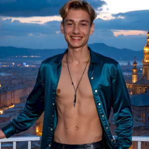 The Beautiful Young Men of the Golden City, is a collection of AI generated images of sexy, glamorous, handsome guys in the heavens. In this fantasy photograph of a young men in their late teens and 20's, overlooking a large golden city in the heavens. Generated to be as realistic as possible, in this this fantasy setting, with todays technology. Wearing jeans, an unbuttoned, vibrant, long-sleeve, button down shirt. The subject is enjoying a beautiful day outdoors. The mystical, galactic landscape, and the vibrant cosmic canopies, every detail, from the texture of the clouds, to the magnificent, majestic gothic architecture of the golden city, is crafted to create an atmosphere of reverence and divine glory. With a breathtaking scene, offering warm golden hour lighting. The heavenly landscape evokes a sense of freedom and tranquility, that is expresses through his facial features and smile, as day turns to night. The heavenly landscape evokes a sense of mysterious black space and light, with a vast galaxy that almost covers the image, the stars and constellations sparkle bright, in dark blue sky.