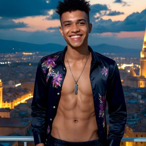 The Beautiful Young Men of the Golden City, is a collection of AI generated images of sexy, glamorous, handsome guys in the heavens. In this fantasy photograph of a young men in their late teens and 20's, overlooking a large golden city in the heavens. Generated to be as realistic as possible, in this this fantasy setting, with todays technology. Wearing jeans, an unbuttoned, vibrant, long-sleeve, button down shirt. The subject is enjoying a beautiful day outdoors. The mystical, galactic landscape, and the vibrant cosmic canopies, every detail, from the texture of the clouds, to the magnificent, majestic gothic architecture of the golden city, is crafted to create an atmosphere of reverence and divine glory. With a breathtaking scene, offering warm golden hour lighting. The heavenly landscape evokes a sense of freedom and tranquility, that is expresses through his facial features and smile, as day turns to night. The heavenly landscape evokes a sense of mysterious black space and light, with a vast galaxy that almost covers the image, the stars and constellations sparkle bright, in dark blue sky.