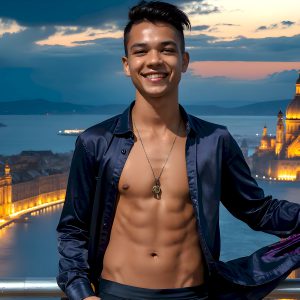 The Beautiful Young Men of the Golden City, is a collection of AI generated images of sexy, glamorous, handsome guys in the heavens. In this fantasy photograph of a young men in their late teens and 20's, overlooking a large golden city in the heavens. Generated to be as realistic as possible, in this this fantasy setting, with todays technology. Wearing jeans, an unbuttoned, vibrant, long-sleeve, button down shirt. The subject is enjoying a beautiful day outdoors. The mystical, galactic landscape, and the vibrant cosmic canopies, every detail, from the texture of the clouds, to the magnificent, majestic gothic architecture of the golden city, is crafted to create an atmosphere of reverence and divine glory. With a breathtaking scene, offering warm golden hour lighting. The heavenly landscape evokes a sense of freedom and tranquility, that is expresses through his facial features and smile, as day turns to night. The heavenly landscape evokes a sense of mysterious black space and light, with a vast galaxy that almost covers the image, the stars and constellations sparkle bright, in dark blue sky.