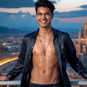 The Beautiful Young Men of the Golden City, is a collection of AI generated images of sexy, glamorous, handsome guys in the heavens. In this fantasy photograph of a young men in their late teens and 20's, overlooking a large golden city in the heavens. Generated to be as realistic as possible, in this this fantasy setting, with todays technology. Wearing jeans, an unbuttoned, vibrant, long-sleeve, button down shirt. The subject is enjoying a beautiful day outdoors. The mystical, galactic landscape, and the vibrant cosmic canopies, every detail, from the texture of the clouds, to the magnificent, majestic gothic architecture of the golden city, is crafted to create an atmosphere of reverence and divine glory. With a breathtaking scene, offering warm golden hour lighting. The heavenly landscape evokes a sense of freedom and tranquility, that is expresses through his facial features and smile, as day turns to night. The heavenly landscape evokes a sense of mysterious black space and light, with a vast galaxy that almost covers the image, the stars and constellations sparkle bright, in dark blue sky.