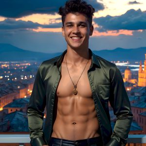 The Beautiful Young Men of the Golden City, is a collection of AI generated images of sexy, glamorous, handsome guys in the heavens. In this fantasy photograph of a young men in their late teens and 20's, overlooking a large golden city in the heavens. Generated to be as realistic as possible, in this this fantasy setting, with todays technology. Wearing jeans, an unbuttoned, vibrant, long-sleeve, button down shirt. The subject is enjoying a beautiful day outdoors. The mystical, galactic landscape, and the vibrant cosmic canopies, every detail, from the texture of the clouds, to the magnificent, majestic gothic architecture of the golden city, is crafted to create an atmosphere of reverence and divine glory. With a breathtaking scene, offering warm golden hour lighting. The heavenly landscape evokes a sense of freedom and tranquility, that is expresses through his facial features and smile, as day turns to night. The heavenly landscape evokes a sense of mysterious black space and light, with a vast galaxy that almost covers the image, the stars and constellations sparkle bright, in dark blue sky.