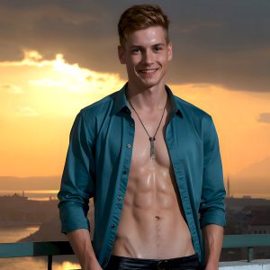 The Beautiful Young Men of the Golden City, is a collection of AI generated images of sexy, glamorous, handsome guys in the heavens. In this fantasy photograph of a young men in their late teens and 20's, overlooking a large golden city in the heavens. Generated to be as realistic as possible, in this this fantasy setting, with todays technology. Wearing jeans, an unbuttoned, vibrant, long-sleeve, button down shirt. The subject is enjoying a beautiful day outdoors. The mystical, galactic landscape, and the vibrant cosmic canopies, every detail, from the texture of the clouds, to the magnificent, majestic gothic architecture of the golden city, is crafted to create an atmosphere of reverence and divine glory. With a breathtaking scene, offering warm golden hour lighting. The heavenly landscape evokes a sense of freedom and tranquility, that is expresses through his facial features and smile, as day turns to night. The heavenly landscape evokes a sense of mysterious black space and light, with a vast galaxy that almost covers the image, the stars and constellations sparkle bright, in dark blue sky.