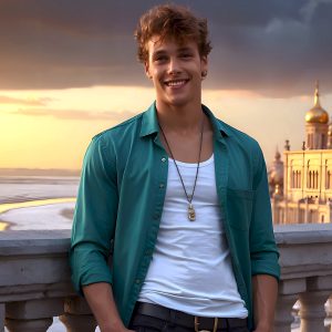 The Beautiful Young Men of the Golden City, is a collection of AI generated images of sexy, glamorous, handsome guys in the heavens. In this fantasy photograph of a young men in their late teens and 20's, overlooking a large golden city in the heavens. Generated to be as realistic as possible, in this this fantasy setting, with todays technology. Wearing jeans, an unbuttoned, vibrant, long-sleeve, button down shirt. The subject is enjoying a beautiful day outdoors. The mystical, galactic landscape, and the vibrant cosmic canopies, every detail, from the texture of the clouds, to the magnificent, majestic gothic architecture of the golden city, is crafted to create an atmosphere of reverence and divine glory. With a breathtaking scene, offering warm golden hour lighting. The heavenly landscape evokes a sense of freedom and tranquility, that is expresses through his facial features and smile, as day turns to night. The heavenly landscape evokes a sense of mysterious black space and light, with a vast galaxy that almost covers the image, the stars and constellations sparkle bright, in dark blue sky.