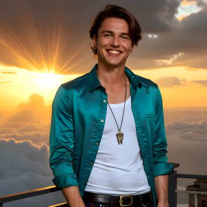 The Beautiful Young Men of the Golden City, is a collection of AI generated images of sexy, glamorous, handsome guys in the heavens. In this fantasy photograph of a young men in their late teens and 20's, overlooking a large golden city in the heavens. Generated to be as realistic as possible, in this this fantasy setting, with todays technology. Wearing jeans, an unbuttoned, vibrant, long-sleeve, button down shirt. The subject is enjoying a beautiful day outdoors. The mystical, galactic landscape, and the vibrant cosmic canopies, every detail, from the texture of the clouds, to the magnificent, majestic gothic architecture of the golden city, is crafted to create an atmosphere of reverence and divine glory. With a breathtaking scene, offering warm golden hour lighting. The heavenly landscape evokes a sense of freedom and tranquility, that is expresses through his facial features and smile, as day turns to night. The heavenly landscape evokes a sense of mysterious black space and light, with a vast galaxy that almost covers the image, the stars and constellations sparkle bright, in dark blue sky.