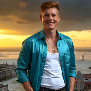 The Beautiful Young Men of the Golden City, is a collection of AI generated images of sexy, glamorous, handsome guys in the heavens. In this fantasy photograph of a young men in their late teens and 20's, overlooking a large golden city in the heavens. Generated to be as realistic as possible, in this this fantasy setting, with todays technology. Wearing jeans, an unbuttoned, vibrant, long-sleeve, button down shirt. The subject is enjoying a beautiful day outdoors. The mystical, galactic landscape, and the vibrant cosmic canopies, every detail, from the texture of the clouds, to the magnificent, majestic gothic architecture of the golden city, is crafted to create an atmosphere of reverence and divine glory. With a breathtaking scene, offering warm golden hour lighting. The heavenly landscape evokes a sense of freedom and tranquility, that is expresses through his facial features and smile, as day turns to night. The heavenly landscape evokes a sense of mysterious black space and light, with a vast galaxy that almost covers the image, the stars and constellations sparkle bright, in dark blue sky.