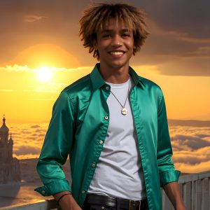 The Beautiful Young Men of the Golden City, is a collection of AI generated images of sexy, glamorous, handsome guys in the heavens. In this fantasy photograph of a young men in their late teens and 20's, overlooking a large golden city in the heavens. Generated to be as realistic as possible, in this this fantasy setting, with todays technology. Wearing jeans, an unbuttoned, vibrant, long-sleeve, button down shirt. The subject is enjoying a beautiful day outdoors. The mystical, galactic landscape, and the vibrant cosmic canopies, every detail, from the texture of the clouds, to the magnificent, majestic gothic architecture of the golden city, is crafted to create an atmosphere of reverence and divine glory. With a breathtaking scene, offering warm golden hour lighting. The heavenly landscape evokes a sense of freedom and tranquility, that is expresses through his facial features and smile, as day turns to night. The heavenly landscape evokes a sense of mysterious black space and light, with a vast galaxy that almost covers the image, the stars and constellations sparkle bright, in dark blue sky.