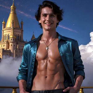 The Beautiful Young Men of the Golden City, is a collection of AI generated images of sexy, glamorous, handsome guys in the heavens. In this fantasy photograph of a young men in their late teens and 20's, overlooking a large golden city in the heavens. Generated to be as realistic as possible, in this this fantasy setting, with todays technology. Wearing jeans, an unbuttoned, vibrant, long-sleeve, button down shirt. The subject is enjoying a beautiful day outdoors. The mystical, galactic landscape, and the vibrant cosmic canopies, every detail, from the texture of the clouds, to the magnificent, majestic gothic architecture of the golden city, is crafted to create an atmosphere of reverence and divine glory. With a breathtaking scene, offering warm golden hour lighting. The heavenly landscape evokes a sense of freedom and tranquility, that is expresses through his facial features and smile, as day turns to night. The heavenly landscape evokes a sense of mysterious black space and light, with a vast galaxy that almost covers the image, the stars and constellations sparkle bright, in dark blue sky.