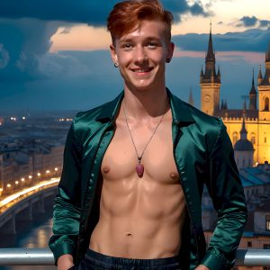 The Beautiful Young Men of the Golden City, is a collection of AI generated images of sexy, glamorous, handsome guys in the heavens. In this fantasy photograph of a young men in their late teens and 20's, overlooking a large golden city in the heavens. Generated to be as realistic as possible, in this this fantasy setting, with todays technology. Wearing jeans, an unbuttoned, vibrant, long-sleeve, button down shirt. The subject is enjoying a beautiful day outdoors. The mystical, galactic landscape, and the vibrant cosmic canopies, every detail, from the texture of the clouds, to the magnificent, majestic gothic architecture of the golden city, is crafted to create an atmosphere of reverence and divine glory. With a breathtaking scene, offering warm golden hour lighting. The heavenly landscape evokes a sense of freedom and tranquility, that is expresses through his facial features and smile, as day turns to night. The heavenly landscape evokes a sense of mysterious black space and light, with a vast galaxy that almost covers the image, the stars and constellations sparkle bright, in dark blue sky.