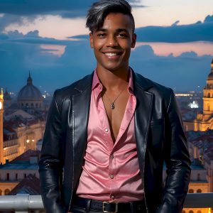 The Beautiful Young Men of the Golden City, is a collection of AI generated images of sexy, glamorous, handsome guys in the heavens. In this fantasy photograph of a young men in their late teens and 20's, overlooking a large golden city in the heavens. Generated to be as realistic as possible, in this this fantasy setting, with todays technology. Wearing jeans, an unbuttoned, vibrant, long-sleeve, button down shirt. The subject is enjoying a beautiful day outdoors. The mystical, galactic landscape, and the vibrant cosmic canopies, every detail, from the texture of the clouds, to the magnificent, majestic gothic architecture of the golden city, is crafted to create an atmosphere of reverence and divine glory. With a breathtaking scene, offering warm golden hour lighting. The heavenly landscape evokes a sense of freedom and tranquility, that is expresses through his facial features and smile, as day turns to night. The heavenly landscape evokes a sense of mysterious black space and light, with a vast galaxy that almost covers the image, the stars and constellations sparkle bright, in dark blue sky.