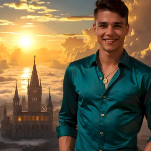 The Beautiful Young Men of the Golden City, is a collection of AI generated images of sexy, glamorous, handsome guys in the heavens. In this fantasy photograph of a young men in their late teens and 20's, overlooking a large golden city in the heavens. Generated to be as realistic as possible, in this this fantasy setting, with todays technology. Wearing jeans, an unbuttoned, vibrant, long-sleeve, button down shirt. The subject is enjoying a beautiful day outdoors. The mystical, galactic landscape, and the vibrant cosmic canopies, every detail, from the texture of the clouds, to the magnificent, majestic gothic architecture of the golden city, is crafted to create an atmosphere of reverence and divine glory. With a breathtaking scene, offering warm golden hour lighting. The heavenly landscape evokes a sense of freedom and tranquility, that is expresses through his facial features and smile, as day turns to night. The heavenly landscape evokes a sense of mysterious black space and light, with a vast galaxy that almost covers the image, the stars and constellations sparkle bright, in dark blue sky.