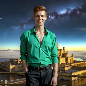 The Beautiful Young Men of the Golden City, is a collection of AI generated images of sexy, glamorous, handsome guys in the heavens. In this fantasy photograph of a young men in their late teens and 20's, overlooking a large golden city in the heavens. Generated to be as realistic as possible, in this this fantasy setting, with todays technology. Wearing jeans, an unbuttoned, vibrant, long-sleeve, button down shirt. The subject is enjoying a beautiful day outdoors. The mystical, galactic landscape, and the vibrant cosmic canopies, every detail, from the texture of the clouds, to the magnificent, majestic gothic architecture of the golden city, is crafted to create an atmosphere of reverence and divine glory. With a breathtaking scene, offering warm golden hour lighting. The heavenly landscape evokes a sense of freedom and tranquility, that is expresses through his facial features and smile, as day turns to night. The heavenly landscape evokes a sense of mysterious black space and light, with a vast galaxy that almost covers the image, the stars and constellations sparkle bright, in dark blue sky.