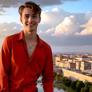 The Beautiful Young Men of the Golden City, is a collection of AI generated images of sexy, glamorous, handsome guys in the heavens. In this fantasy photograph of a young men in their late teens and 20's, overlooking a large golden city in the heavens. Generated to be as realistic as possible, in this this fantasy setting, with todays technology. Wearing jeans, an unbuttoned, vibrant, long-sleeve, button down shirt. The subject is enjoying a beautiful day outdoors. The mystical, galactic landscape, and the vibrant cosmic canopies, every detail, from the texture of the clouds, to the magnificent, majestic gothic architecture of the golden city, is crafted to create an atmosphere of reverence and divine glory. With a breathtaking scene, offering warm golden hour lighting. The heavenly landscape evokes a sense of freedom and tranquility, that is expresses through his facial features and smile, as day turns to night. The heavenly landscape evokes a sense of mysterious black space and light, with a vast galaxy that almost covers the image, the stars and constellations sparkle bright, in dark blue sky.