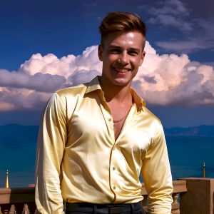 The Beautiful Young Men of the Golden City, is a collection of AI generated images of sexy, glamorous, handsome guys in the heavens. In this fantasy photograph of a young men in their late teens and 20's, overlooking a large golden city in the heavens. Generated to be as realistic as possible, in this this fantasy setting, with todays technology. Wearing jeans, an unbuttoned, vibrant, long-sleeve, button down shirt. The subject is enjoying a beautiful day outdoors. The mystical, galactic landscape, and the vibrant cosmic canopies, every detail, from the texture of the clouds, to the magnificent, majestic gothic architecture of the golden city, is crafted to create an atmosphere of reverence and divine glory. With a breathtaking scene, offering warm golden hour lighting. The heavenly landscape evokes a sense of freedom and tranquility, that is expresses through his facial features and smile, as day turns to night. The heavenly landscape evokes a sense of mysterious black space and light, with a vast galaxy that almost covers the image, the stars and constellations sparkle bright, in dark blue sky.