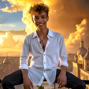 The Beautiful Young Men of the Golden City, is a collection of AI generated images of sexy, glamorous, handsome guys in the heavens. In this fantasy photograph of a young men in their late teens and 20's, overlooking a large golden city in the heavens. Generated to be as realistic as possible, in this this fantasy setting, with todays technology. Wearing jeans, an unbuttoned, vibrant, long-sleeve, button down shirt. The subject is enjoying a beautiful day outdoors. The mystical, galactic landscape, and the vibrant cosmic canopies, every detail, from the texture of the clouds, to the magnificent, majestic gothic architecture of the golden city, is crafted to create an atmosphere of reverence and divine glory. With a breathtaking scene, offering warm golden hour lighting. The heavenly landscape evokes a sense of freedom and tranquility, that is expresses through his facial features and smile, as day turns to night. The heavenly landscape evokes a sense of mysterious black space and light, with a vast galaxy that almost covers the image, the stars and constellations sparkle bright, in dark blue sky.