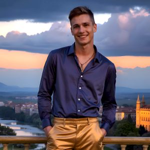 The Beautiful Young Men of the Golden City, is a collection of AI generated images of sexy, glamorous, handsome guys in the heavens. In this fantasy photograph of a young men in their late teens and 20's, overlooking a large golden city in the heavens. Generated to be as realistic as possible, in this this fantasy setting, with todays technology. Wearing jeans, an unbuttoned, vibrant, long-sleeve, button down shirt. The subject is enjoying a beautiful day outdoors. The mystical, galactic landscape, and the vibrant cosmic canopies, every detail, from the texture of the clouds, to the magnificent, majestic gothic architecture of the golden city, is crafted to create an atmosphere of reverence and divine glory. With a breathtaking scene, offering warm golden hour lighting. The heavenly landscape evokes a sense of freedom and tranquility, that is expresses through his facial features and smile, as day turns to night. The heavenly landscape evokes a sense of mysterious black space and light, with a vast galaxy that almost covers the image, the stars and constellations sparkle bright, in dark blue sky.