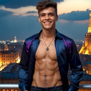 The Beautiful Young Men of the Golden City, is a collection of AI generated images of sexy, glamorous, handsome guys in the heavens. In this fantasy photograph of a young men in their late teens and 20's, overlooking a large golden city in the heavens. Generated to be as realistic as possible, in this this fantasy setting, with todays technology. Wearing jeans, an unbuttoned, vibrant, long-sleeve, button down shirt. The subject is enjoying a beautiful day outdoors. The mystical, galactic landscape, and the vibrant cosmic canopies, every detail, from the texture of the clouds, to the magnificent, majestic gothic architecture of the golden city, is crafted to create an atmosphere of reverence and divine glory. With a breathtaking scene, offering warm golden hour lighting. The heavenly landscape evokes a sense of freedom and tranquility, that is expresses through his facial features and smile, as day turns to night. The heavenly landscape evokes a sense of mysterious black space and light, with a vast galaxy that almost covers the image, the stars and constellations sparkle bright, in dark blue sky.