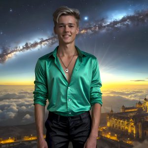 The Beautiful Young Men of the Golden City, is a collection of AI generated images of sexy, glamorous, handsome guys in the heavens. In this fantasy photograph of a young men in their late teens and 20's, overlooking a large golden city in the heavens. Generated to be as realistic as possible, in this this fantasy setting, with todays technology. Wearing jeans, an unbuttoned, vibrant, long-sleeve, button down shirt. The subject is enjoying a beautiful day outdoors. The mystical, galactic landscape, and the vibrant cosmic canopies, every detail, from the texture of the clouds, to the magnificent, majestic gothic architecture of the golden city, is crafted to create an atmosphere of reverence and divine glory. With a breathtaking scene, offering warm golden hour lighting. The heavenly landscape evokes a sense of freedom and tranquility, that is expresses through his facial features and smile, as day turns to night. The heavenly landscape evokes a sense of mysterious black space and light, with a vast galaxy that almost covers the image, the stars and constellations sparkle bright, in dark blue sky.