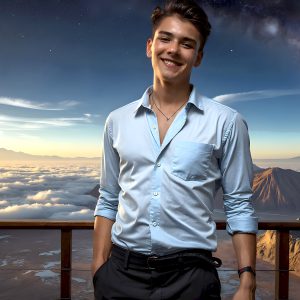 The Beautiful Young Men of the Golden City, is a collection of AI generated images of sexy, glamorous, handsome guys in the heavens. In this fantasy photograph of a young men in their late teens and 20's, overlooking a large golden city in the heavens. Generated to be as realistic as possible, in this this fantasy setting, with todays technology. Wearing jeans, an unbuttoned, vibrant, long-sleeve, button down shirt. The subject is enjoying a beautiful day outdoors. The mystical, galactic landscape, and the vibrant cosmic canopies, every detail, from the texture of the clouds, to the magnificent, majestic gothic architecture of the golden city, is crafted to create an atmosphere of reverence and divine glory. With a breathtaking scene, offering warm golden hour lighting. The heavenly landscape evokes a sense of freedom and tranquility, that is expresses through his facial features and smile, as day turns to night. The heavenly landscape evokes a sense of mysterious black space and light, with a vast galaxy that almost covers the image, the stars and constellations sparkle bright, in dark blue sky.