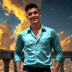 The Beautiful Young Men of the Golden City, is a collection of AI generated images of sexy, glamorous, handsome guys in the heavens. In this fantasy photograph of a young men in their late teens and 20's, overlooking a large golden city in the heavens. Generated to be as realistic as possible, in this this fantasy setting, with todays technology. Wearing jeans, an unbuttoned, vibrant, long-sleeve, button down shirt. The subject is enjoying a beautiful day outdoors. The mystical, galactic landscape, and the vibrant cosmic canopies, every detail, from the texture of the clouds, to the magnificent, majestic gothic architecture of the golden city, is crafted to create an atmosphere of reverence and divine glory. With a breathtaking scene, offering warm golden hour lighting. The heavenly landscape evokes a sense of freedom and tranquility, that is expresses through his facial features and smile, as day turns to night. The heavenly landscape evokes a sense of mysterious black space and light, with a vast galaxy that almost covers the image, the stars and constellations sparkle bright, in dark blue sky.