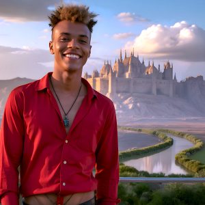 The Beautiful Young Men of the Golden City, is a collection of AI generated images of sexy, glamorous, handsome guys in the heavens. In this fantasy photograph of a young men in their late teens and 20's, overlooking a large golden city in the heavens. Generated to be as realistic as possible, in this this fantasy setting, with todays technology. Wearing jeans, an unbuttoned, vibrant, long-sleeve, button down shirt. The subject is enjoying a beautiful day outdoors. The mystical, galactic landscape, and the vibrant cosmic canopies, every detail, from the texture of the clouds, to the magnificent, majestic gothic architecture of the golden city, is crafted to create an atmosphere of reverence and divine glory. With a breathtaking scene, offering warm golden hour lighting. The heavenly landscape evokes a sense of freedom and tranquility, that is expresses through his facial features and smile, as day turns to night. The heavenly landscape evokes a sense of mysterious black space and light, with a vast galaxy that almost covers the image, the stars and constellations sparkle bright, in dark blue sky.