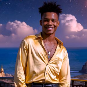 The Beautiful Young Men of the Golden City, is a collection of AI generated images of sexy, glamorous, handsome guys in the heavens. In this fantasy photograph of a young men in their late teens and 20's, overlooking a large golden city in the heavens. Generated to be as realistic as possible, in this this fantasy setting, with todays technology. Wearing jeans, an unbuttoned, vibrant, long-sleeve, button down shirt. The subject is enjoying a beautiful day outdoors. The mystical, galactic landscape, and the vibrant cosmic canopies, every detail, from the texture of the clouds, to the magnificent, majestic gothic architecture of the golden city, is crafted to create an atmosphere of reverence and divine glory. With a breathtaking scene, offering warm golden hour lighting. The heavenly landscape evokes a sense of freedom and tranquility, that is expresses through his facial features and smile, as day turns to night. The heavenly landscape evokes a sense of mysterious black space and light, with a vast galaxy that almost covers the image, the stars and constellations sparkle bright, in dark blue sky.