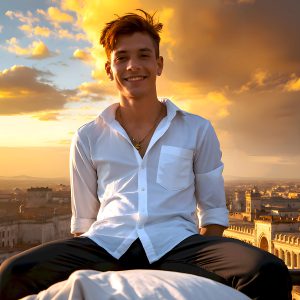 The Beautiful Young Men of the Golden City, is a collection of AI generated images of sexy, glamorous, handsome guys in the heavens. In this fantasy photograph of a young men in their late teens and 20's, overlooking a large golden city in the heavens. Generated to be as realistic as possible, in this this fantasy setting, with todays technology. Wearing jeans, an unbuttoned, vibrant, long-sleeve, button down shirt. The subject is enjoying a beautiful day outdoors. The mystical, galactic landscape, and the vibrant cosmic canopies, every detail, from the texture of the clouds, to the magnificent, majestic gothic architecture of the golden city, is crafted to create an atmosphere of reverence and divine glory. With a breathtaking scene, offering warm golden hour lighting. The heavenly landscape evokes a sense of freedom and tranquility, that is expresses through his facial features and smile, as day turns to night. The heavenly landscape evokes a sense of mysterious black space and light, with a vast galaxy that almost covers the image, the stars and constellations sparkle bright, in dark blue sky.