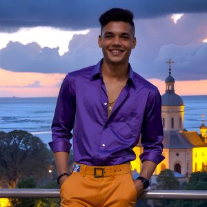 The Beautiful Young Men of the Golden City, is a collection of AI generated images of sexy, glamorous, handsome guys in the heavens. In this fantasy photograph of a young men in their late teens and 20's, overlooking a large golden city in the heavens. Generated to be as realistic as possible, in this this fantasy setting, with todays technology. Wearing jeans, an unbuttoned, vibrant, long-sleeve, button down shirt. The subject is enjoying a beautiful day outdoors. The mystical, galactic landscape, and the vibrant cosmic canopies, every detail, from the texture of the clouds, to the magnificent, majestic gothic architecture of the golden city, is crafted to create an atmosphere of reverence and divine glory. With a breathtaking scene, offering warm golden hour lighting. The heavenly landscape evokes a sense of freedom and tranquility, that is expresses through his facial features and smile, as day turns to night. The heavenly landscape evokes a sense of mysterious black space and light, with a vast galaxy that almost covers the image, the stars and constellations sparkle bright, in dark blue sky.