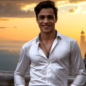 The Beautiful Young Men of the Golden City, is a collection of AI generated images of sexy, glamorous, handsome guys in the heavens. In this fantasy photograph of a young men in their late teens and 20's, overlooking a large golden city in the heavens. Generated to be as realistic as possible, in this this fantasy setting, with todays technology. Wearing jeans, an unbuttoned, vibrant, long-sleeve, button down shirt. The subject is enjoying a beautiful day outdoors. The mystical, galactic landscape, and the vibrant cosmic canopies, every detail, from the texture of the clouds, to the magnificent, majestic gothic architecture of the golden city, is crafted to create an atmosphere of reverence and divine glory. With a breathtaking scene, offering warm golden hour lighting. The heavenly landscape evokes a sense of freedom and tranquility, that is expresses through his facial features and smile, as day turns to night. The heavenly landscape evokes a sense of mysterious black space and light, with a vast galaxy that almost covers the image, the stars and constellations sparkle bright, in dark blue sky.