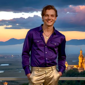 The Beautiful Young Men of the Golden City, is a collection of AI generated images of sexy, glamorous, handsome guys in the heavens. In this fantasy photograph of a young men in their late teens and 20's, overlooking a large golden city in the heavens. Generated to be as realistic as possible, in this this fantasy setting, with todays technology. Wearing jeans, an unbuttoned, vibrant, long-sleeve, button down shirt. The subject is enjoying a beautiful day outdoors. The mystical, galactic landscape, and the vibrant cosmic canopies, every detail, from the texture of the clouds, to the magnificent, majestic gothic architecture of the golden city, is crafted to create an atmosphere of reverence and divine glory. With a breathtaking scene, offering warm golden hour lighting. The heavenly landscape evokes a sense of freedom and tranquility, that is expresses through his facial features and smile, as day turns to night. The heavenly landscape evokes a sense of mysterious black space and light, with a vast galaxy that almost covers the image, the stars and constellations sparkle bright, in dark blue sky.