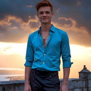 The Beautiful Young Men of the Golden City, is a collection of AI generated images of sexy, glamorous, handsome guys in the heavens. In this fantasy photograph of a young men in their late teens and 20's, overlooking a large golden city in the heavens. Generated to be as realistic as possible, in this this fantasy setting, with todays technology. Wearing jeans, an unbuttoned, vibrant, long-sleeve, button down shirt. The subject is enjoying a beautiful day outdoors. The mystical, galactic landscape, and the vibrant cosmic canopies, every detail, from the texture of the clouds, to the magnificent, majestic gothic architecture of the golden city, is crafted to create an atmosphere of reverence and divine glory. With a breathtaking scene, offering warm golden hour lighting. The heavenly landscape evokes a sense of freedom and tranquility, that is expresses through his facial features and smile, as day turns to night. The heavenly landscape evokes a sense of mysterious black space and light, with a vast galaxy that almost covers the image, the stars and constellations sparkle bright, in dark blue sky.