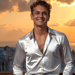 The Beautiful Young Men of the Golden City, is a collection of AI generated images of sexy, glamorous, handsome guys in the heavens. In this fantasy photograph of a young men in their late teens and 20's, overlooking a large golden city in the heavens. Generated to be as realistic as possible, in this this fantasy setting, with todays technology. Wearing jeans, an unbuttoned, vibrant, long-sleeve, button down shirt. The subject is enjoying a beautiful day outdoors. The mystical, galactic landscape, and the vibrant cosmic canopies, every detail, from the texture of the clouds, to the magnificent, majestic gothic architecture of the golden city, is crafted to create an atmosphere of reverence and divine glory. With a breathtaking scene, offering warm golden hour lighting. The heavenly landscape evokes a sense of freedom and tranquility, that is expresses through his facial features and smile, as day turns to night. The heavenly landscape evokes a sense of mysterious black space and light, with a vast galaxy that almost covers the image, the stars and constellations sparkle bright, in dark blue sky.