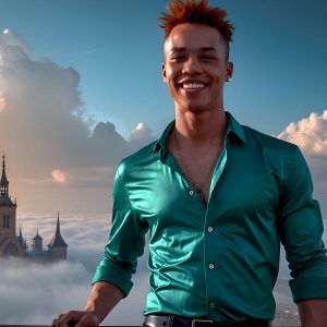 The Beautiful Young Men of the Golden City, is a collection of AI generated images of sexy, glamorous, handsome guys in the heavens. In this fantasy photograph of a young men in their late teens and 20's, overlooking a large golden city in the heavens. Generated to be as realistic as possible, in this this fantasy setting, with todays technology. Wearing jeans, an unbuttoned, vibrant, long-sleeve, button down shirt. The subject is enjoying a beautiful day outdoors. The mystical, galactic landscape, and the vibrant cosmic canopies, every detail, from the texture of the clouds, to the magnificent, majestic gothic architecture of the golden city, is crafted to create an atmosphere of reverence and divine glory. With a breathtaking scene, offering warm golden hour lighting. The heavenly landscape evokes a sense of freedom and tranquility, that is expresses through his facial features and smile, as day turns to night. The heavenly landscape evokes a sense of mysterious black space and light, with a vast galaxy that almost covers the image, the stars and constellations sparkle bright, in dark blue sky.