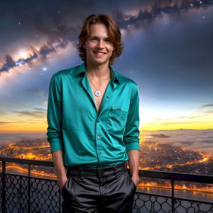 The Beautiful Young Men of the Golden City, is a collection of AI generated images of sexy, glamorous, handsome guys in the heavens. In this fantasy photograph of a young men in their late teens and 20's, overlooking a large golden city in the heavens. Generated to be as realistic as possible, in this this fantasy setting, with todays technology. Wearing jeans, an unbuttoned, vibrant, long-sleeve, button down shirt. The subject is enjoying a beautiful day outdoors. The mystical, galactic landscape, and the vibrant cosmic canopies, every detail, from the texture of the clouds, to the magnificent, majestic gothic architecture of the golden city, is crafted to create an atmosphere of reverence and divine glory. With a breathtaking scene, offering warm golden hour lighting. The heavenly landscape evokes a sense of freedom and tranquility, that is expresses through his facial features and smile, as day turns to night. The heavenly landscape evokes a sense of mysterious black space and light, with a vast galaxy that almost covers the image, the stars and constellations sparkle bright, in dark blue sky.