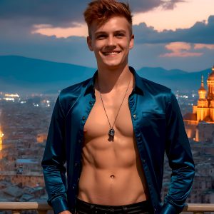 The Beautiful Young Men of the Golden City, is a collection of AI generated images of sexy, glamorous, handsome guys in the heavens. In this fantasy photograph of a young men in their late teens and 20's, overlooking a large golden city in the heavens. Generated to be as realistic as possible, in this this fantasy setting, with todays technology. Wearing jeans, an unbuttoned, vibrant, long-sleeve, button down shirt. The subject is enjoying a beautiful day outdoors. The mystical, galactic landscape, and the vibrant cosmic canopies, every detail, from the texture of the clouds, to the magnificent, majestic gothic architecture of the golden city, is crafted to create an atmosphere of reverence and divine glory. With a breathtaking scene, offering warm golden hour lighting. The heavenly landscape evokes a sense of freedom and tranquility, that is expresses through his facial features and smile, as day turns to night. The heavenly landscape evokes a sense of mysterious black space and light, with a vast galaxy that almost covers the image, the stars and constellations sparkle bright, in dark blue sky.