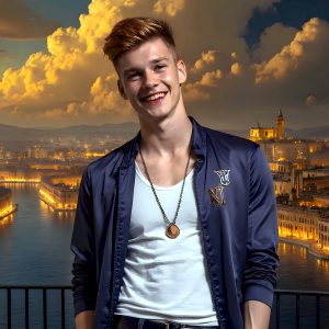 The Beautiful Young Men of the Golden City, is a collection of AI generated images of sexy, glamorous, handsome guys in the heavens. In this fantasy photograph of a young men in their late teens and 20's, overlooking a large golden city in the heavens. Generated to be as realistic as possible, in this this fantasy setting, with todays technology. Wearing jeans, an unbuttoned, vibrant, long-sleeve, button down shirt. The subject is enjoying a beautiful day outdoors. The mystical, galactic landscape, and the vibrant cosmic canopies, every detail, from the texture of the clouds, to the magnificent, majestic gothic architecture of the golden city, is crafted to create an atmosphere of reverence and divine glory. With a breathtaking scene, offering warm golden hour lighting. The heavenly landscape evokes a sense of freedom and tranquility, that is expresses through his facial features and smile, as day turns to night. The heavenly landscape evokes a sense of mysterious black space and light, with a vast galaxy that almost covers the image, the stars and constellations sparkle bright, in dark blue sky.