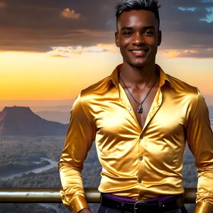 The Beautiful Young Men of the Golden City, is a collection of AI generated images of sexy, glamorous, handsome guys in the heavens. In this fantasy photograph of a young men in their late teens and 20's, overlooking a large golden city in the heavens. Generated to be as realistic as possible, in this this fantasy setting, with todays technology. Wearing jeans, an unbuttoned, vibrant, long-sleeve, button down shirt. The subject is enjoying a beautiful day outdoors. The mystical, galactic landscape, and the vibrant cosmic canopies, every detail, from the texture of the clouds, to the magnificent, majestic gothic architecture of the golden city, is crafted to create an atmosphere of reverence and divine glory. With a breathtaking scene, offering warm golden hour lighting. The heavenly landscape evokes a sense of freedom and tranquility, that is expresses through his facial features and smile, as day turns to night. The heavenly landscape evokes a sense of mysterious black space and light, with a vast galaxy that almost covers the image, the stars and constellations sparkle bright, in dark blue sky.