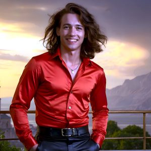 The Beautiful Young Men of the Golden City, is a collection of AI generated images of sexy, glamorous, handsome guys in the heavens. In this fantasy photograph of a young men in their late teens and 20's, overlooking a large golden city in the heavens. Generated to be as realistic as possible, in this this fantasy setting, with todays technology. Wearing jeans, an unbuttoned, vibrant, long-sleeve, button down shirt. The subject is enjoying a beautiful day outdoors. The mystical, galactic landscape, and the vibrant cosmic canopies, every detail, from the texture of the clouds, to the magnificent, majestic gothic architecture of the golden city, is crafted to create an atmosphere of reverence and divine glory. With a breathtaking scene, offering warm golden hour lighting. The heavenly landscape evokes a sense of freedom and tranquility, that is expresses through his facial features and smile, as day turns to night. The heavenly landscape evokes a sense of mysterious black space and light, with a vast galaxy that almost covers the image, the stars and constellations sparkle bright, in dark blue sky.