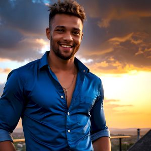 The Beautiful Young Men of the Golden City, is a collection of AI generated images of sexy, glamorous, handsome guys in the heavens. In this fantasy photograph of a young men in their late teens and 20's, overlooking a large golden city in the heavens. Generated to be as realistic as possible, in this this fantasy setting, with todays technology. Wearing jeans, an unbuttoned, vibrant, long-sleeve, button down shirt. The subject is enjoying a beautiful day outdoors. The mystical, galactic landscape, and the vibrant cosmic canopies, every detail, from the texture of the clouds, to the magnificent, majestic gothic architecture of the golden city, is crafted to create an atmosphere of reverence and divine glory. With a breathtaking scene, offering warm golden hour lighting. The heavenly landscape evokes a sense of freedom and tranquility, that is expresses through his facial features and smile, as day turns to night. The heavenly landscape evokes a sense of mysterious black space and light, with a vast galaxy that almost covers the image, the stars and constellations sparkle bright, in dark blue sky.