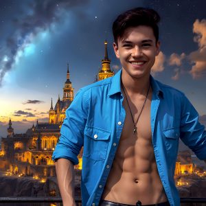 The Beautiful Young Men of the Golden City, is a collection of AI generated images of sexy, glamorous, handsome guys in the heavens. In this fantasy photograph of a young men in their late teens and 20's, overlooking a large golden city in the heavens. Generated to be as realistic as possible, in this this fantasy setting, with todays technology. Wearing jeans, an unbuttoned, vibrant, long-sleeve, button down shirt. The subject is enjoying a beautiful day outdoors. The mystical, galactic landscape, and the vibrant cosmic canopies, every detail, from the texture of the clouds, to the magnificent, majestic gothic architecture of the golden city, is crafted to create an atmosphere of reverence and divine glory. With a breathtaking scene, offering warm golden hour lighting. The heavenly landscape evokes a sense of freedom and tranquility, that is expresses through his facial features and smile, as day turns to night. The heavenly landscape evokes a sense of mysterious black space and light, with a vast galaxy that almost covers the image, the stars and constellations sparkle bright, in dark blue sky.