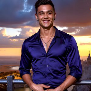 The Beautiful Young Men of the Golden City, is a collection of AI generated images of sexy, glamorous, handsome guys in the heavens. In this fantasy photograph of a young men in their late teens and 20's, overlooking a large golden city in the heavens. Generated to be as realistic as possible, in this this fantasy setting, with todays technology. Wearing jeans, an unbuttoned, vibrant, long-sleeve, button down shirt. The subject is enjoying a beautiful day outdoors. The mystical, galactic landscape, and the vibrant cosmic canopies, every detail, from the texture of the clouds, to the magnificent, majestic gothic architecture of the golden city, is crafted to create an atmosphere of reverence and divine glory. With a breathtaking scene, offering warm golden hour lighting. The heavenly landscape evokes a sense of freedom and tranquility, that is expresses through his facial features and smile, as day turns to night. The heavenly landscape evokes a sense of mysterious black space and light, with a vast galaxy that almost covers the image, the stars and constellations sparkle bright, in dark blue sky.