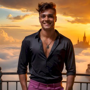 The Beautiful Young Men of the Golden City, is a collection of AI generated images of sexy, glamorous, handsome guys in the heavens. In this fantasy photograph of a young men in their late teens and 20's, overlooking a large golden city in the heavens. Generated to be as realistic as possible, in this this fantasy setting, with todays technology. Wearing jeans, an unbuttoned, vibrant, long-sleeve, button down shirt. The subject is enjoying a beautiful day outdoors. The mystical, galactic landscape, and the vibrant cosmic canopies, every detail, from the texture of the clouds, to the magnificent, majestic gothic architecture of the golden city, is crafted to create an atmosphere of reverence and divine glory. With a breathtaking scene, offering warm golden hour lighting. The heavenly landscape evokes a sense of freedom and tranquility, that is expresses through his facial features and smile, as day turns to night. The heavenly landscape evokes a sense of mysterious black space and light, with a vast galaxy that almost covers the image, the stars and constellations sparkle bright, in dark blue sky.