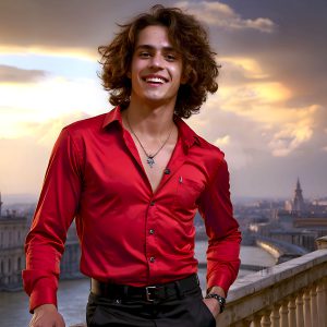 The Beautiful Young Men of the Golden City, is a collection of AI generated images of sexy, glamorous, handsome guys in the heavens. In this fantasy photograph of a young men in their late teens and 20's, overlooking a large golden city in the heavens. Generated to be as realistic as possible, in this this fantasy setting, with todays technology. Wearing jeans, an unbuttoned, vibrant, long-sleeve, button down shirt. The subject is enjoying a beautiful day outdoors. The mystical, galactic landscape, and the vibrant cosmic canopies, every detail, from the texture of the clouds, to the magnificent, majestic gothic architecture of the golden city, is crafted to create an atmosphere of reverence and divine glory. With a breathtaking scene, offering warm golden hour lighting. The heavenly landscape evokes a sense of freedom and tranquility, that is expresses through his facial features and smile, as day turns to night. The heavenly landscape evokes a sense of mysterious black space and light, with a vast galaxy that almost covers the image, the stars and constellations sparkle bright, in dark blue sky.