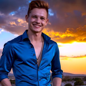 The Beautiful Young Men of the Golden City, is a collection of AI generated images of sexy, glamorous, handsome guys in the heavens. In this fantasy photograph of a young men in their late teens and 20's, overlooking a large golden city in the heavens. Generated to be as realistic as possible, in this this fantasy setting, with todays technology. Wearing jeans, an unbuttoned, vibrant, long-sleeve, button down shirt. The subject is enjoying a beautiful day outdoors. The mystical, galactic landscape, and the vibrant cosmic canopies, every detail, from the texture of the clouds, to the magnificent, majestic gothic architecture of the golden city, is crafted to create an atmosphere of reverence and divine glory. With a breathtaking scene, offering warm golden hour lighting. The heavenly landscape evokes a sense of freedom and tranquility, that is expresses through his facial features and smile, as day turns to night. The heavenly landscape evokes a sense of mysterious black space and light, with a vast galaxy that almost covers the image, the stars and constellations sparkle bright, in dark blue sky.