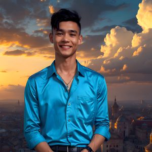 The Beautiful Young Men of the Golden City, is a collection of AI generated images of sexy, glamorous, handsome guys in the heavens. In this fantasy photograph of a young men in their late teens and 20's, overlooking a large golden city in the heavens. Generated to be as realistic as possible, in this this fantasy setting, with todays technology. Wearing jeans, an unbuttoned, vibrant, long-sleeve, button down shirt. The subject is enjoying a beautiful day outdoors. The mystical, galactic landscape, and the vibrant cosmic canopies, every detail, from the texture of the clouds, to the magnificent, majestic gothic architecture of the golden city, is crafted to create an atmosphere of reverence and divine glory. With a breathtaking scene, offering warm golden hour lighting. The heavenly landscape evokes a sense of freedom and tranquility, that is expresses through his facial features and smile, as day turns to night. The heavenly landscape evokes a sense of mysterious black space and light, with a vast galaxy that almost covers the image, the stars and constellations sparkle bright, in dark blue sky.