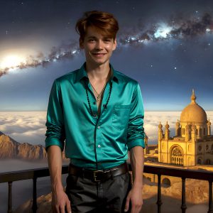 The Beautiful Young Men of the Golden City, is a collection of AI generated images of sexy, glamorous, handsome guys in the heavens. In this fantasy photograph of a young men in their late teens and 20's, overlooking a large golden city in the heavens. Generated to be as realistic as possible, in this this fantasy setting, with todays technology. Wearing jeans, an unbuttoned, vibrant, long-sleeve, button down shirt. The subject is enjoying a beautiful day outdoors. The mystical, galactic landscape, and the vibrant cosmic canopies, every detail, from the texture of the clouds, to the magnificent, majestic gothic architecture of the golden city, is crafted to create an atmosphere of reverence and divine glory. With a breathtaking scene, offering warm golden hour lighting. The heavenly landscape evokes a sense of freedom and tranquility, that is expresses through his facial features and smile, as day turns to night. The heavenly landscape evokes a sense of mysterious black space and light, with a vast galaxy that almost covers the image, the stars and constellations sparkle bright, in dark blue sky.