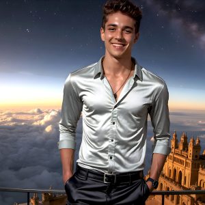 The Beautiful Young Men of the Golden City, is a collection of AI generated images of sexy, glamorous, handsome guys in the heavens. In this fantasy photograph of a young men in their late teens and 20's, overlooking a large golden city in the heavens. Generated to be as realistic as possible, in this this fantasy setting, with todays technology. Wearing jeans, an unbuttoned, vibrant, long-sleeve, button down shirt. The subject is enjoying a beautiful day outdoors. The mystical, galactic landscape, and the vibrant cosmic canopies, every detail, from the texture of the clouds, to the magnificent, majestic gothic architecture of the golden city, is crafted to create an atmosphere of reverence and divine glory. With a breathtaking scene, offering warm golden hour lighting. The heavenly landscape evokes a sense of freedom and tranquility, that is expresses through his facial features and smile, as day turns to night. The heavenly landscape evokes a sense of mysterious black space and light, with a vast galaxy that almost covers the image, the stars and constellations sparkle bright, in dark blue sky.