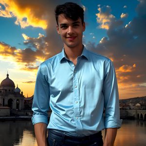 The Beautiful Young Men of the Golden City, is a collection of AI generated images of sexy, glamorous, handsome guys in the heavens. In this fantasy photograph of a young men in their late teens and 20's, overlooking a large golden city in the heavens. Generated to be as realistic as possible, in this this fantasy setting, with todays technology. Wearing jeans, an unbuttoned, vibrant, long-sleeve, button down shirt. The subject is enjoying a beautiful day outdoors. The mystical, galactic landscape, and the vibrant cosmic canopies, every detail, from the texture of the clouds, to the magnificent, majestic gothic architecture of the golden city, is crafted to create an atmosphere of reverence and divine glory. With a breathtaking scene, offering warm golden hour lighting. The heavenly landscape evokes a sense of freedom and tranquility, that is expresses through his facial features and smile, as day turns to night. The heavenly landscape evokes a sense of mysterious black space and light, with a vast galaxy that almost covers the image, the stars and constellations sparkle bright, in dark blue sky.