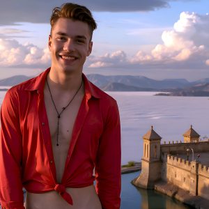 The Beautiful Young Men of the Golden City, is a collection of AI generated images of sexy, glamorous, handsome guys in the heavens. In this fantasy photograph of a young men in their late teens and 20's, overlooking a large golden city in the heavens. Generated to be as realistic as possible, in this this fantasy setting, with todays technology. Wearing jeans, an unbuttoned, vibrant, long-sleeve, button down shirt. The subject is enjoying a beautiful day outdoors. The mystical, galactic landscape, and the vibrant cosmic canopies, every detail, from the texture of the clouds, to the magnificent, majestic gothic architecture of the golden city, is crafted to create an atmosphere of reverence and divine glory. With a breathtaking scene, offering warm golden hour lighting. The heavenly landscape evokes a sense of freedom and tranquility, that is expresses through his facial features and smile, as day turns to night. The heavenly landscape evokes a sense of mysterious black space and light, with a vast galaxy that almost covers the image, the stars and constellations sparkle bright, in dark blue sky.