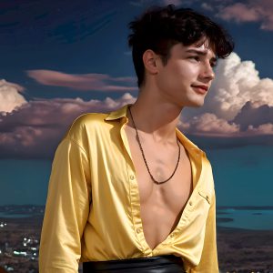 The Beautiful Young Men of the Golden City, is a collection of AI generated images of sexy, glamorous, handsome guys in the heavens. In this fantasy photograph of a young men in their late teens and 20's, overlooking a large golden city in the heavens. Generated to be as realistic as possible, in this this fantasy setting, with todays technology. Wearing jeans, an unbuttoned, vibrant, long-sleeve, button down shirt. The subject is enjoying a beautiful day outdoors. The mystical, galactic landscape, and the vibrant cosmic canopies, every detail, from the texture of the clouds, to the magnificent, majestic gothic architecture of the golden city, is crafted to create an atmosphere of reverence and divine glory. With a breathtaking scene, offering warm golden hour lighting. The heavenly landscape evokes a sense of freedom and tranquility, that is expresses through his facial features and smile, as day turns to night. The heavenly landscape evokes a sense of mysterious black space and light, with a vast galaxy that almost covers the image, the stars and constellations sparkle bright, in dark blue sky.